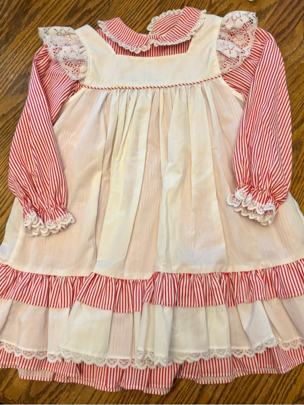 Bryan Pinafore Kids Red & White Striped Lace-Trim Smocked Dress Vintage